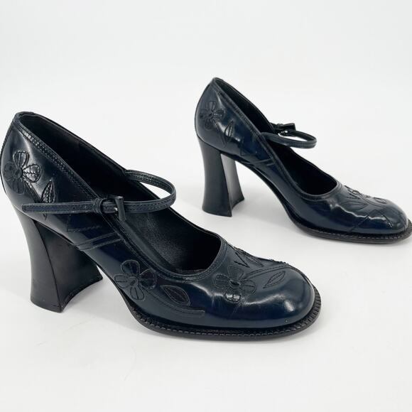 Vintage Prada 1996 Blue Leather Floral Appliqué Block Heel Mary Jane Pumps IT 39 - Picture 4 of 15